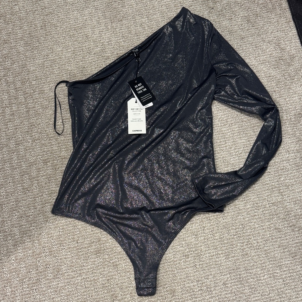 Express Metallic Black One-Shoulder Bodysuit